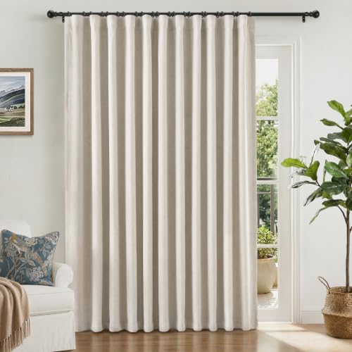 INOVADAY 100% Blackout Curtains for Sliding Glass Doors 102 Inch Extra Wide Sliding Door Curtains Clip Rings Linen Drapes Thermal Insulated Room Darkening for Living Room 1 Panel - Beige W102xL84