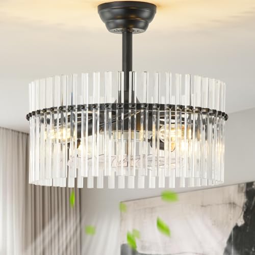 Image of SYDACG 20 inch Black and Clear Crystal Fandelier Ceiling Fan with Light, Mid-Century Chandelier Ceiling Fan with Light Remote Control, 6 Speeds for Bedroom, Nursery, Living Room