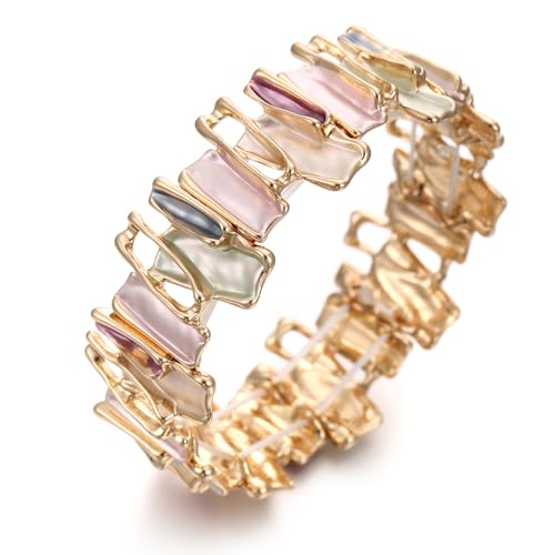 LUREME Vintage Gold Elastic Bracelet for Women - Colorful Enamel Handmade Stretch Cuff, Boho Chunky Metal Bangle (bl003605)