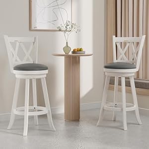 MU Bar Stools Set of 2 29inch Seat Height Counter Height Swivel Barstools with X Back Upholstered 360 Degree Swivel Dining Chair with PVC Cushioned Seat Footrest Wood Legs White