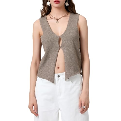 Image of Crochet Knitted Vest for Women Vintage Y2K Hollow Out Button Down Cardigan Retro Crochet Knit Tank Vest