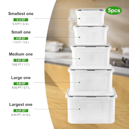 5 PCS Large Fruit Containers for Fridge - Leakproof Food Storage Containers with Removable Colander - Dishwasher & microwave safe Produce Containers Keep Fruits, Vegetables, Berry, Meat Fresh longer | with Removable Colander Leakproof Dishwasher & Microwave safe Produce Containers Keep Fruits Vegetables Berry Fresh longer - Image 3