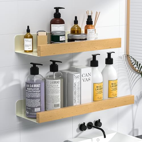 Diealles Shine Estanteria Ducha sin Taladro, Juego de 2 Estantería Baño Beige Mate, Estante Ducha de Ferroaleación y Haya para Baño Cocina Sala de Estar