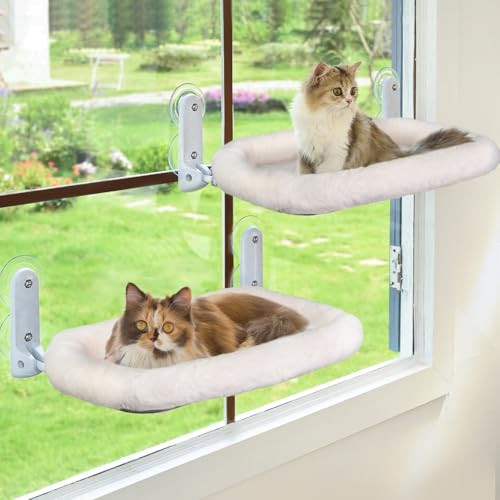 Image of Zoratoo 2PC Cat Window Perch with Bolster Cordless Cat Hammock Cushion Bed for Window with Metal Frame, Large Suction Cups Window Resting Seat for Indoor Cats (Cushion Bed White, 2PC)
