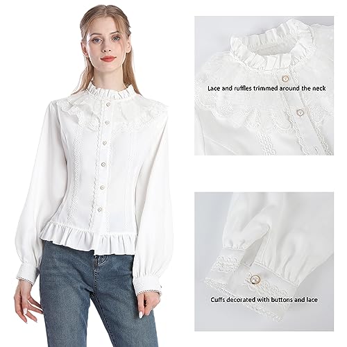 CR ROLECOS Women Victorian Blouse High Collar Lace Ruffled Shirt Tops2
