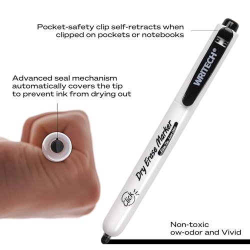Image of WRITECH Retractable Dry Erase Markers: Fine Point Clickable Black Colored Ink Marker Low Odor Erasable Thin Tip Refillable Whiteboard Marker Pen Set 12ct No Bleed Smear