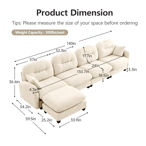 Image of KEIKI 140 inch L-Shaped Oversized Chenille Modular Sectional Sofa with 1 Ottoman, High-Density Foam Cushions, Tufted Pleated Cushion Backrest, Modern 4-Seater Couch with 2 Pillow, for Living Room, Beige