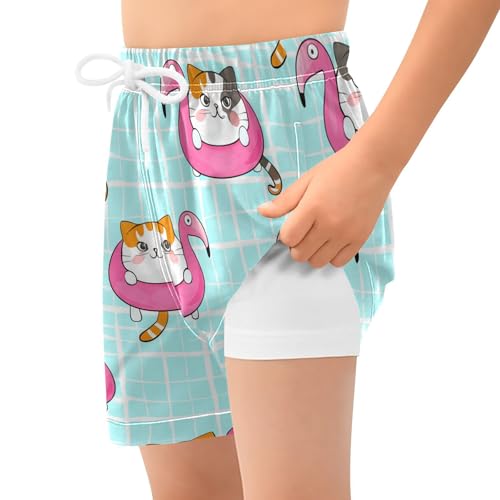 Cats with Flamingo Floaties Boys Swim Trunks with Compression Liner Quick Dry Bathing Bottom Kids Beach Shorts2