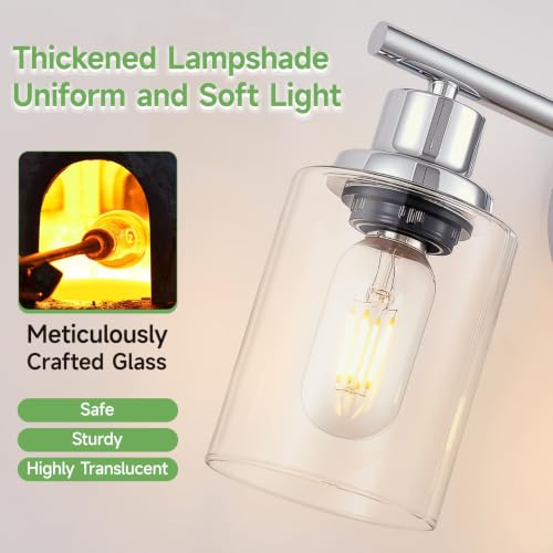 Image of 3-Light Bathroom Light Fixtures, Modern Chrome Vanity Lights for Bathroom with Clear Glass Shade, Wall Lamps for Mirror Hallway Kitchen Cabinet Living Room Sconces Lights