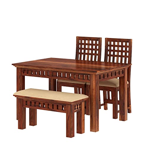Image of WOODLAB Furniture Sheesham Wood 4 Seater Dining Table with Cushioned Bench and Chairs Wooden Dining Table for Living Room Hotel (Honey Finish)