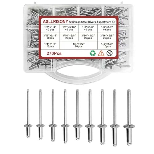 Image of 270 Pcs Stainless Steel Rivet Kit - 9 Sizes Stainless Rivets with 1 /8 inch 3 /16 inch1 /4 inch,Pop Rivets, Heavy-Duty Hand Rivet, Furniture, Sheet Metal, and DIY Repairs