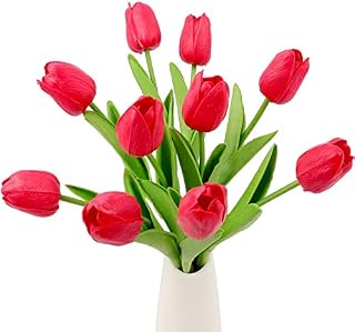 Aoleytech 10Pcs Artificial Tulip Flowers Real Touch Tulip Bouquet Fake Silk Tulips Plastic Flowers for Home Garden Wedding Party Window Sill Ornaments Table Indoor Outdoor Decoration (White)