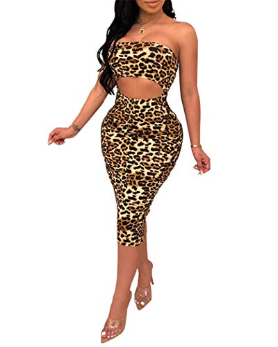 Adogirl Womens Bodycon Tube Top Dress - Sexy Strapless Snakeskin Leopard Print Hollow Out Midi Dress Club Outfits