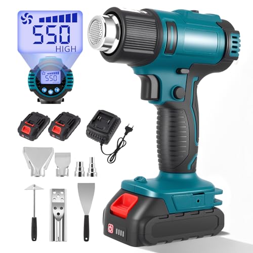 Akku Heißluftfön Heißluftpistole Akku schnelles Erhitzen bis 550C Doppeltemperaturregelung mit LCD-Display 5 Düsen und 2 Schabern ideal für DIY und Reparaturen (2 Lithium-Batterie)