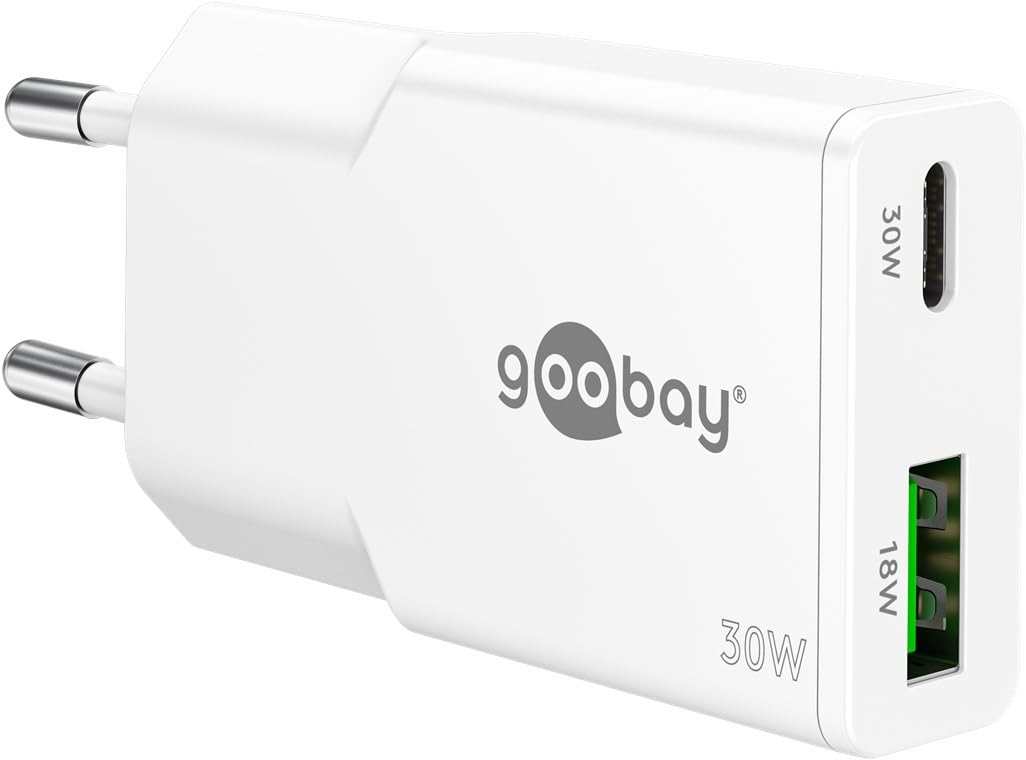 goobay Caricatore USB-C 30W, alimentatore GaN ultra piatto, doppia porta con Power Delivery e Quick Charge, per iPhone, Samsung Galaxy, iPad, Pixel e molti altri. - Bianco - 75738