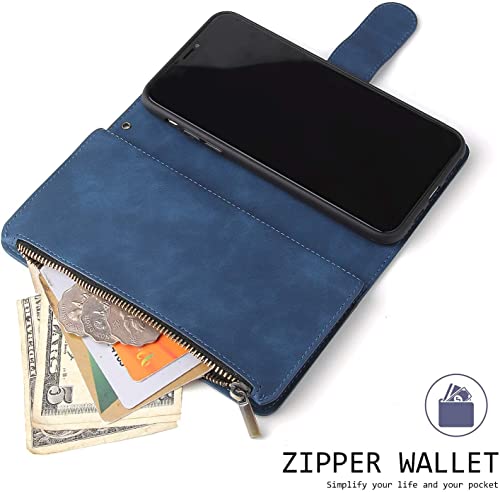 QLTYPRI Wallet Case for iPhone 16e/17e, Premium Vintage PU Leather Zipper Pocket Case with Card Holder Slots Magnetic Closure Kickstand Wrist Strap Shockproof Flip Folio Cover - Blue by QLTYPRI - Image 7