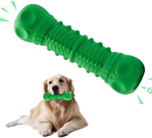 Dog Squeaky Toys, Nearly Indestructible Tough Durable Dog Chewing Toys, Dog Chew Toys for Aggressive Chewers, Natural Rubber Teeth Cleaning Dog Bones Toys for Medium or Large Breed (Green)