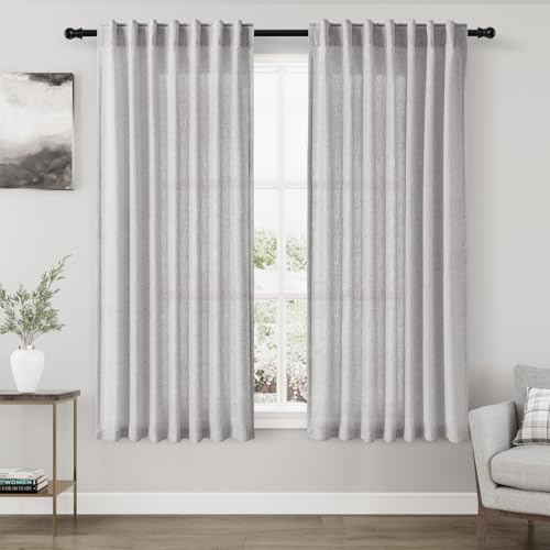 Image of Grey Linen Curtains 63 Inch Long for Living Room 2 Panels