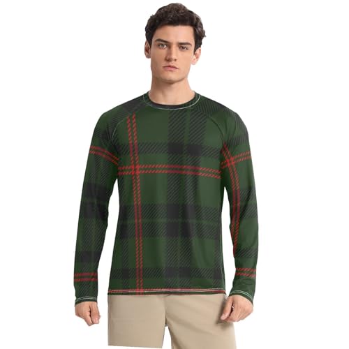 Black Green Red Plaid Men's UPF 50+ Swim Shirts Comfortable Loose Rash Guard Long Sleeve Outdoors