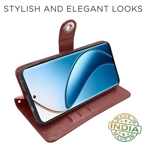 Image of Pikkme Realme 12 Pro 5G / Realme 12 Pro Plus 5G Flip Cover Leather Finish | Inside TPU with Card Pockets | Wallet Stand and Shock Proof | Complete Protection Button Flip Case (Brown)