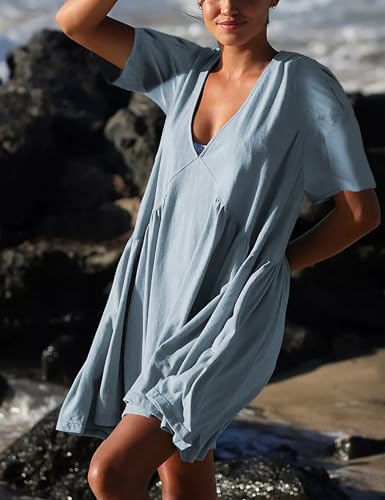 Freyhem Womens Summer Mini Dress Casual Short Sleeve Loose V Neck Swing Sundress With Pocket thumb #4