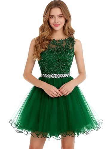 Image of Dydsz Women's Lace Applique Short Prom Dress A Line Tulle Homecoming Dresses Beaded Mini Graduation Party Dress