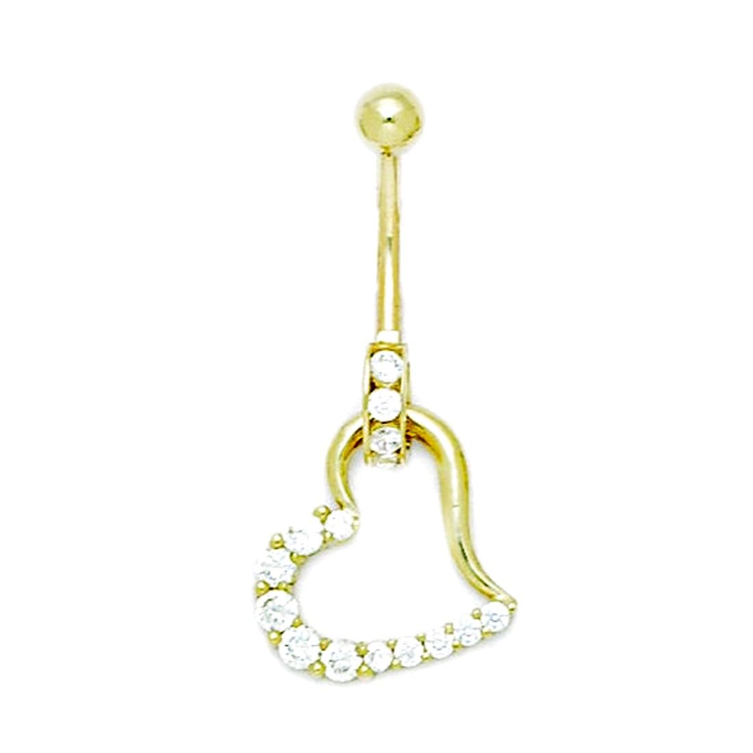 14 Karat Gelbgold Zirkonia künstlicher Diamant 14 Gauge baumelnde Liebe Herz Körper Schmuck Bauchnabelring Maße 36 x 16 mm Schmuck Geschenke für Frauen, Metall, zirkonia