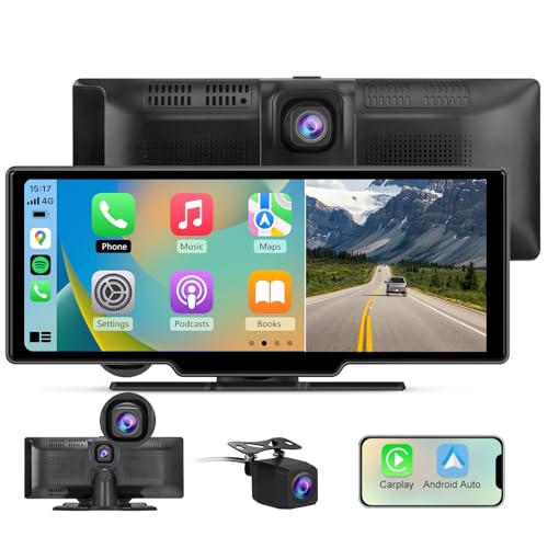 AWESAFE Pantalla Carplay Coche Inalámbrico y Android Auto, 10.26 Pulgadas de Pantalla Táctil con 4K Dashcam Frontal, 1080P Cámara Trasera Incluida, Comandos de Voz, Bluetooth/GPS/FM/AUX/MirrorLink
