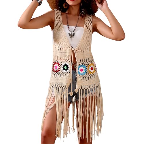 Image of Women's Floral Crochet Hollow Out Sleeveless Fringe Boho Retro-Look Handmade Cardigan Vest Tassels