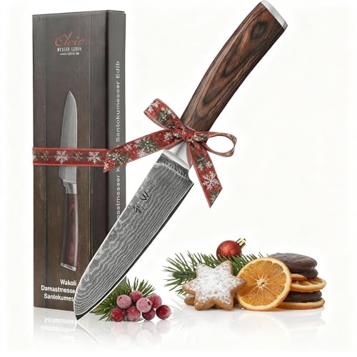 Wakoli EDIB Santoku Messer aus echtem Damaststahl (VG10 Kern) mit 12,5 cm Klinge – Scharf und handlich – Santoku Damastmesser mit Pakkaholzgriff...