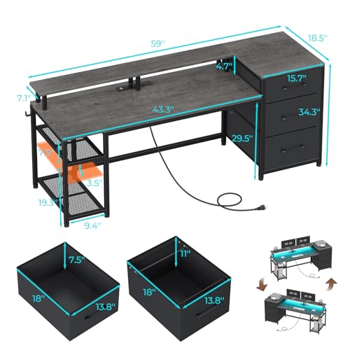 SEDETA 59" Office Desk with File Drawers, Reversible Computer Gaming Desk with Storage, LED Lights & Power Outlet, Home Office Desks for Printer, Grey