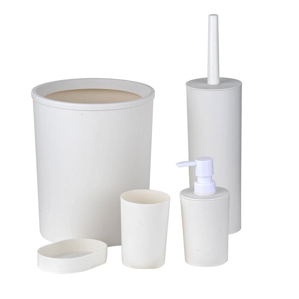 Zanbeel Black,White Bathroom Set 5 Piece Accessory Lotion Dispenser, Toothbrush Holder, Tumbler Cup, Soap Dish, Trash Can And Toilet Brush (White)