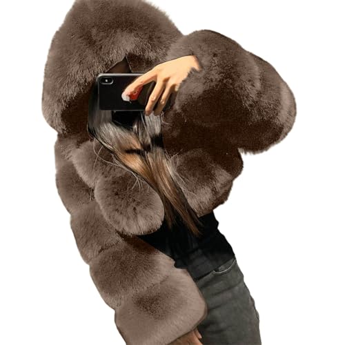 Generisch Chaqueta de piel para mujer, corta y elegante, abrigo de piel sintética, chaqueta recortada de invierno y otoño, cálida chaqueta de felpa con capucha, chaqueta de invierno, abrigos de manga