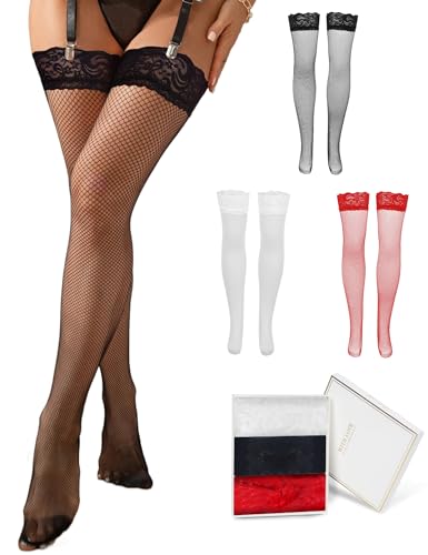 Image of comeondear Women Fishnet Thigh High Stockings Plus Size Socks with Antiskid Silicone Lace Top Sheer Nylons Pantyhose Tights