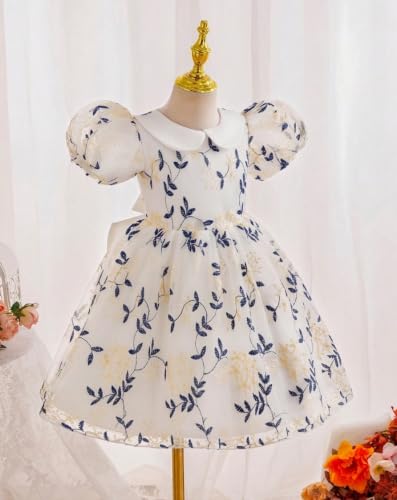 Image of TAGAS Girls Floral Embroidered Party Dress | Puff Sleeve Peter Pan Collar Frock | Elegant Net Princess Dress for Baby Girls | Birthday, Wedding, Ages 2-7 Years | Blue /Red