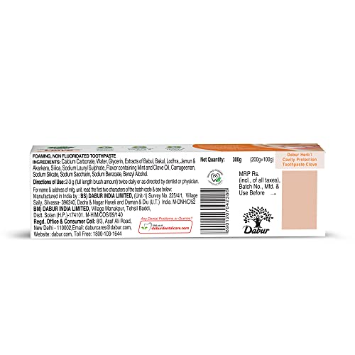Image of Dabur Herb'l Clove 300g (200g + 100g) - Cavity Protection Toothpaste with No added Fluoride and Parabens