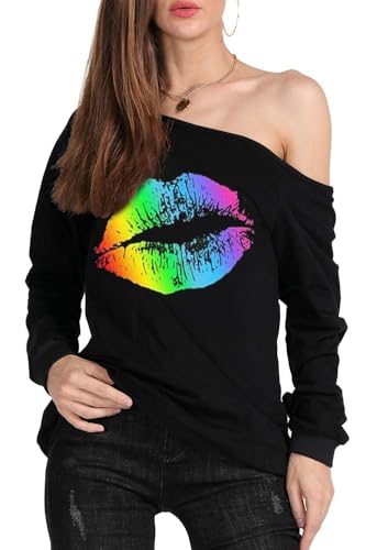 Image of MAGICMK Woman's Sweatershirt Lips Print Causal Blouse Off The Shoulder Long Sleeve Loose Slouchy Pullover Plus Size Tops
