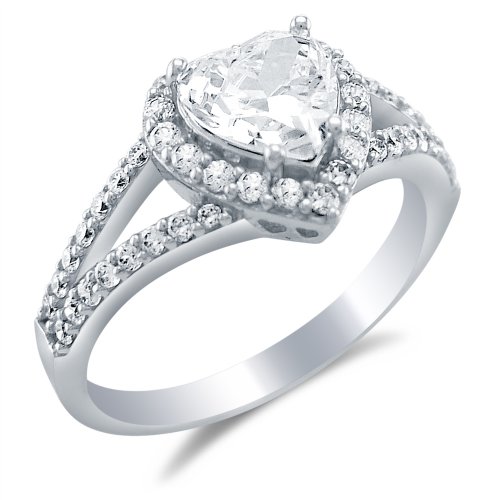 Solid 14k White Gold Heart Shape Solitaire with Round Side Stones CZ Cubic Zirconia Engagement Ring 2.0ct.