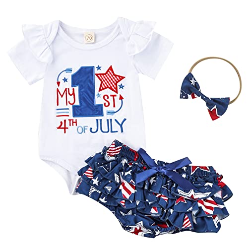 My First 4th of July Baby Girl Outfit Short Sleeve Romper Top Star Stripe Ruffle Shorts Headband 3Pcs Clothes Set (A-Blue USA Flag,12-18 Months)