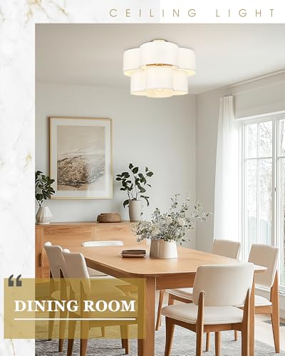 Image of Gold Semi Flush Mount Ceiling Light, 5-Light 18 inch Ceiling Light Fixtures with Double Fabric Drum Shade in Quatrefoil Shape, Light Fixtures Ceiling Mount for Nursery Bedroom, AD-22007-5SF-GD