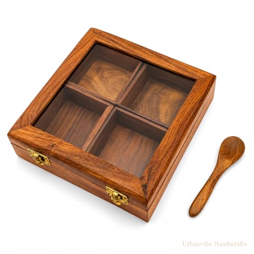 Image of Shesham Wood Masala Box with Glass Lid & Wooden Spoon | 4 Compartments Spice Storage | Handmade Masala Dabba for Kitchen | Wooden Spice Box Container for Dry Fruits & Condiments