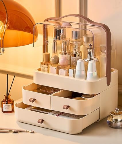 RMAN Schminktisch Organizer, Make Up Organizer, Kosmetik Skincare Aufbewahrung mit Schubladen Deckel für Dresser, Badezimmer, Schlafzimmer, Staubdicht und Wasserdicht