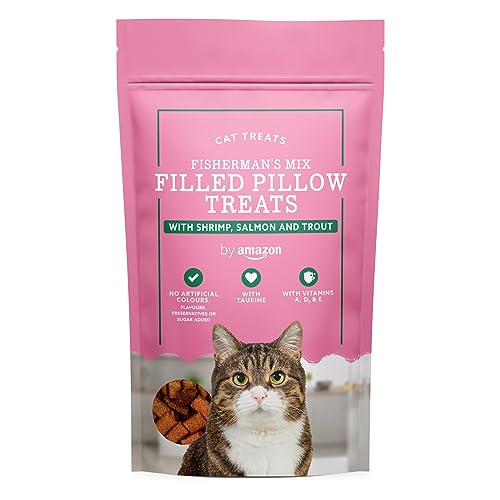 by Amazon - Friandises pour chats - Petits coussins Mélange du pêcheur avec crevettes, saumon et truite, 70 g