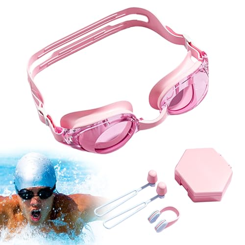 Demsyeq Anti-Beschlag-Brille – Pool-Nasenklammer, Ohrstöpsel, Brillen, Erwachsenen-Set, Weitsicht, Verstellbarer Riemen, Ausrüstung mit Aufbewahrungskoffer für Frauen, Training, Meer, See, Fluss, Spa