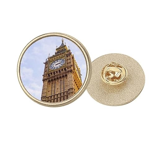 Broche ronde Big Ben en métal doré avec nuages bleus, taille M