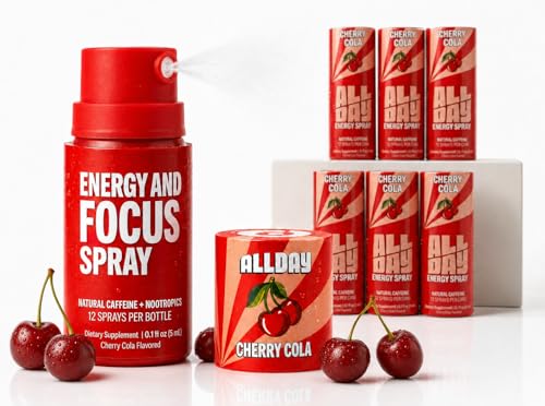 ALLDAY Focus + Energy Spray | Natural Caffeine + L-Theanine + Essential Vitamins | 0 Calorie 0 Sugar | 12 Spray Bottle | Faster Cleaner Smoother Energy* (6 Pack Cherry Cola)