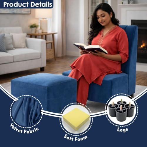 Image of Rosebell Sofa Set with Ottoman Combo One Seater Sofa Set with Matching Footrest for Living Room & Bedroom, Office - Blue