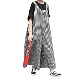 LREUIP Korean loose design checkered single breasted large pocket wide leg overalls women's clothing (One size,Black)