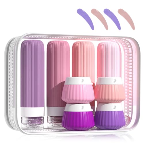 Marjoramy 8 Pack Botellas De Viaje Silicona,Botes Rellenables Viaje,Juego De Botellas De Viaje Con Bolsa Transparente Y Etiqueta Para Champús Lociones Y Artículos De Tocador a Prueba De Fugas (Rosa)