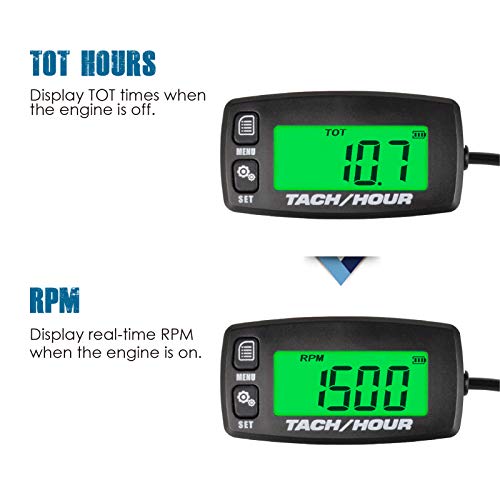 Runleader HM032R Inductive Tachometer Digital Tach Hour Meter Backlit Flash Alert Service Alarms for Gasoline Engine Chainsaw ATV UTV Dirtbike Motobike Motocycle Outboards Snowmobile Marine Boat